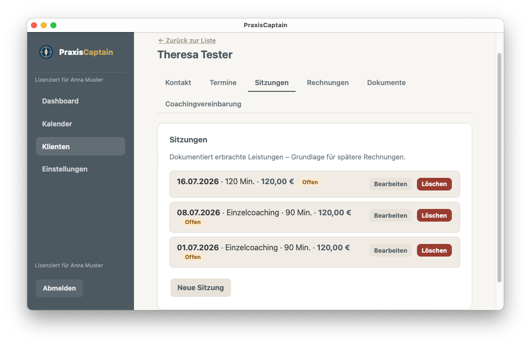 PraxisCaptain Sitzungen-Ansicht mit erbrachten Leistungen und Honorar